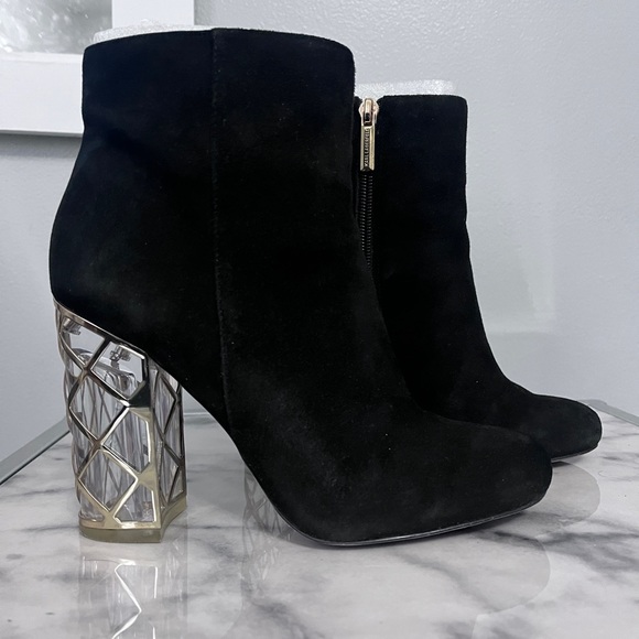 Karl Lagerfeld Shawna Black Suede Bootie With Clear Lucite Heel and Gold Design - Picture 1 of 7